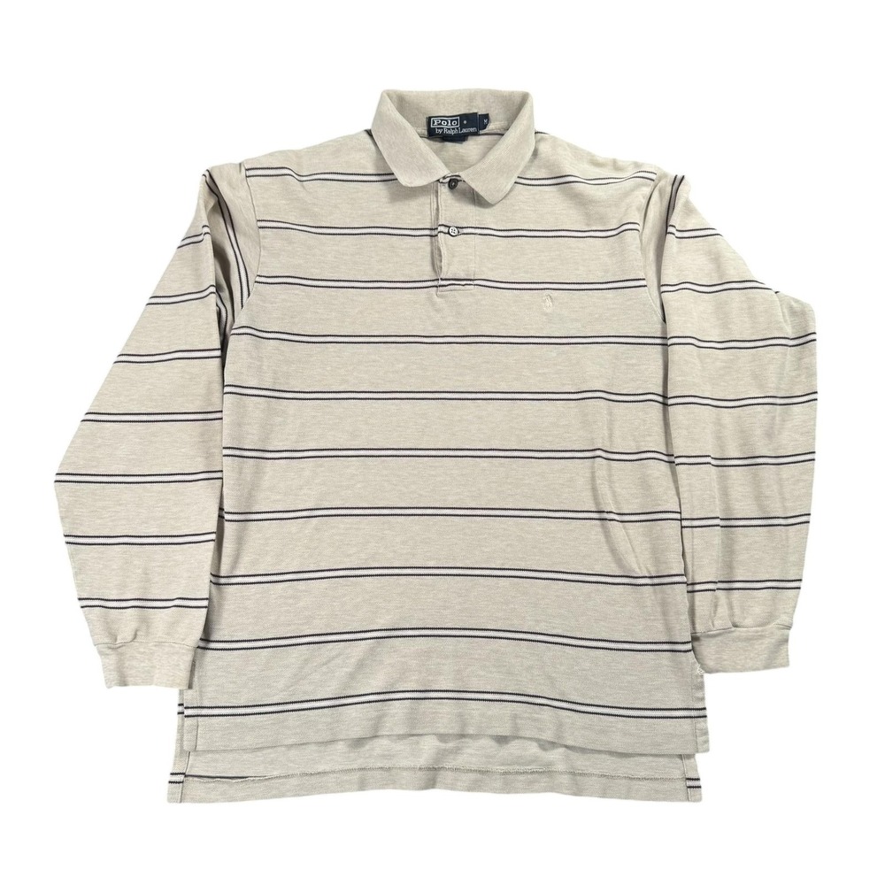 Polo By Ralph Lauren Polo Shirt Mens Medium Beige Stripe Long Sleeve Cotton Pony
